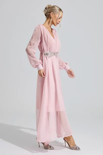 Sobekneferu Pink Rhinestone Ruched Maxi Dress