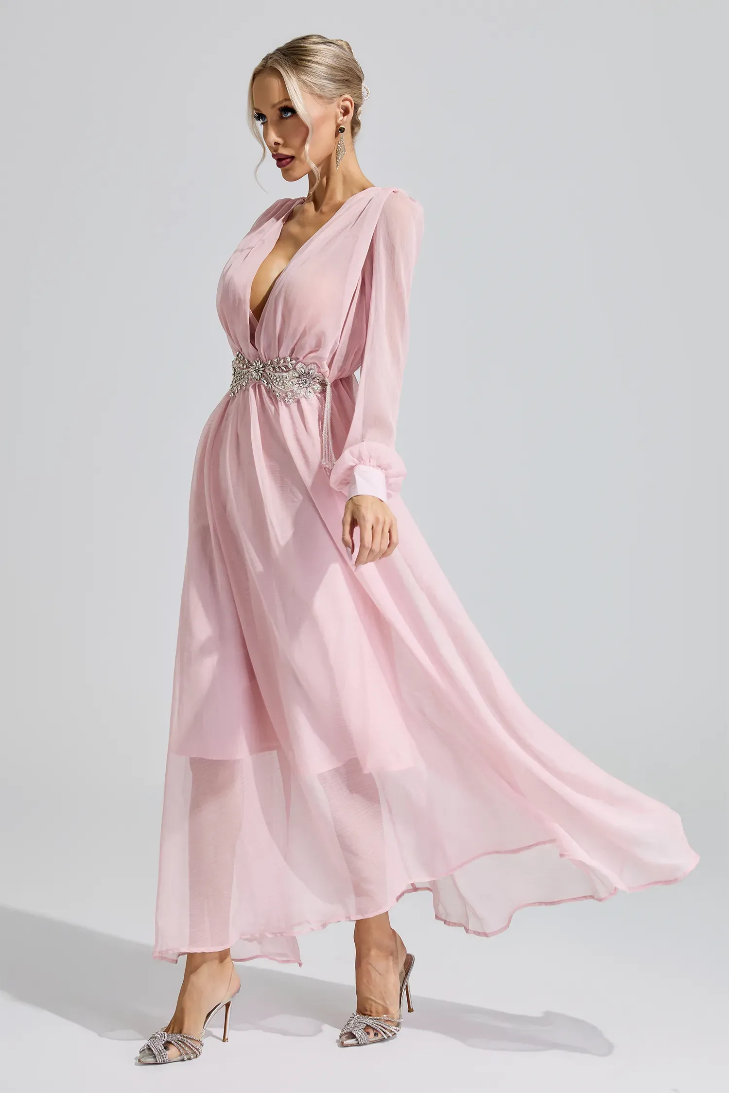 Sobekneferu Pink Rhinestone Ruched Maxi Dress