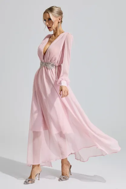 Sobekneferu Pink Rhinestone Ruched Maxi Dress