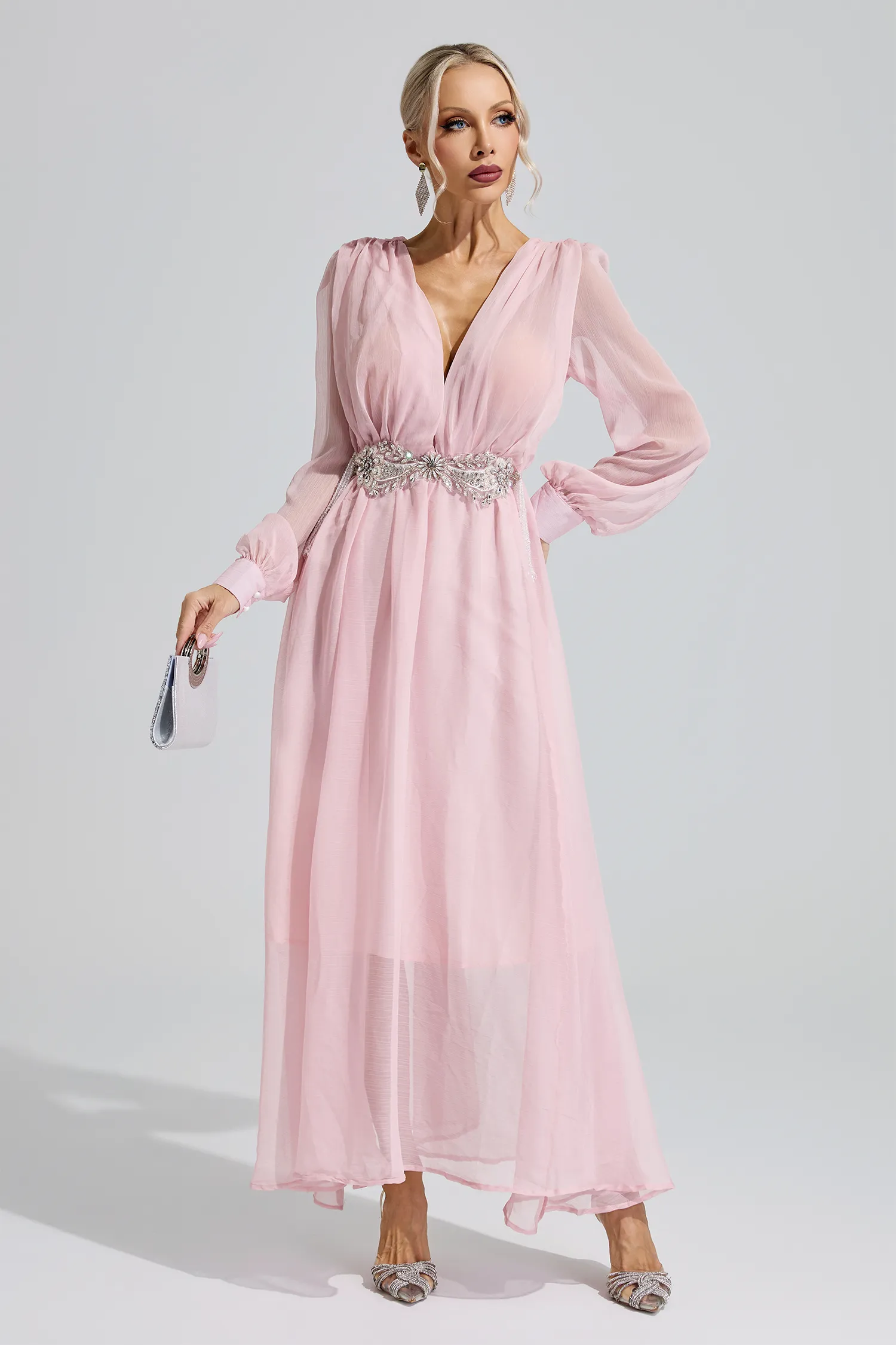 Sobekneferu Pink Rhinestone Ruched Maxi Dress