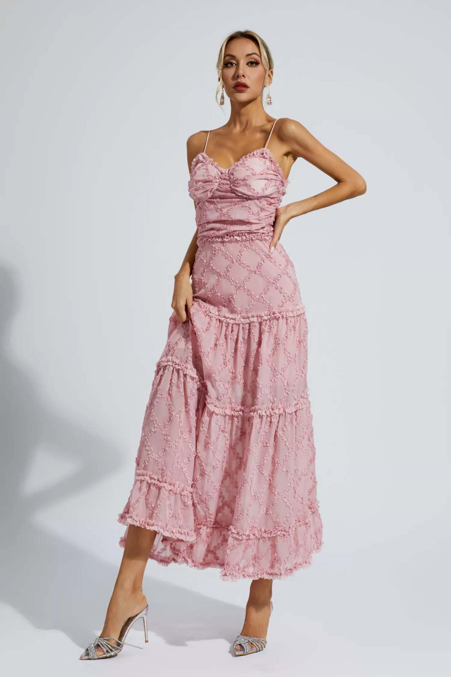 Hewlett Pink Ruched Slip Maxi Dress
