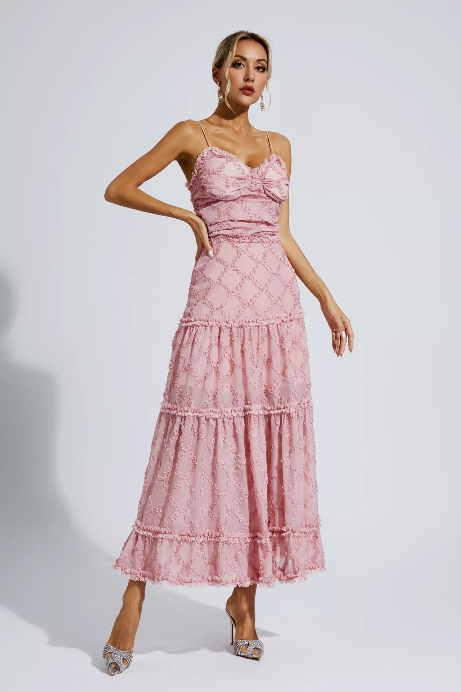 Hewlett Pink Ruched Slip Maxi Dress