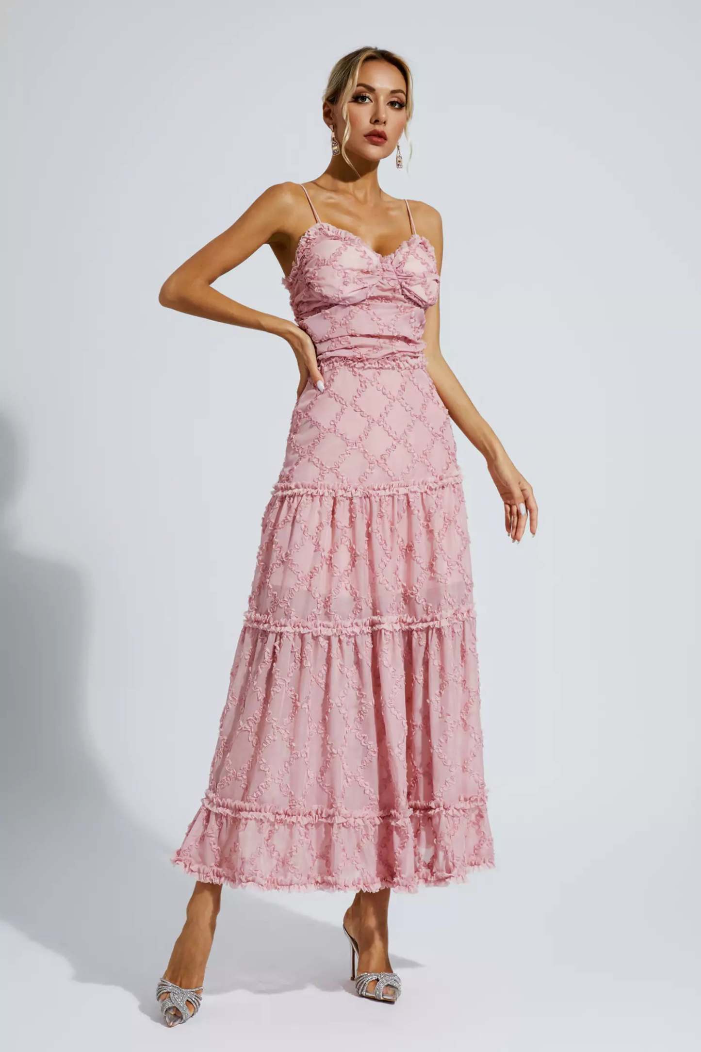 Hewlett Pink Ruched Slip Maxi Dress