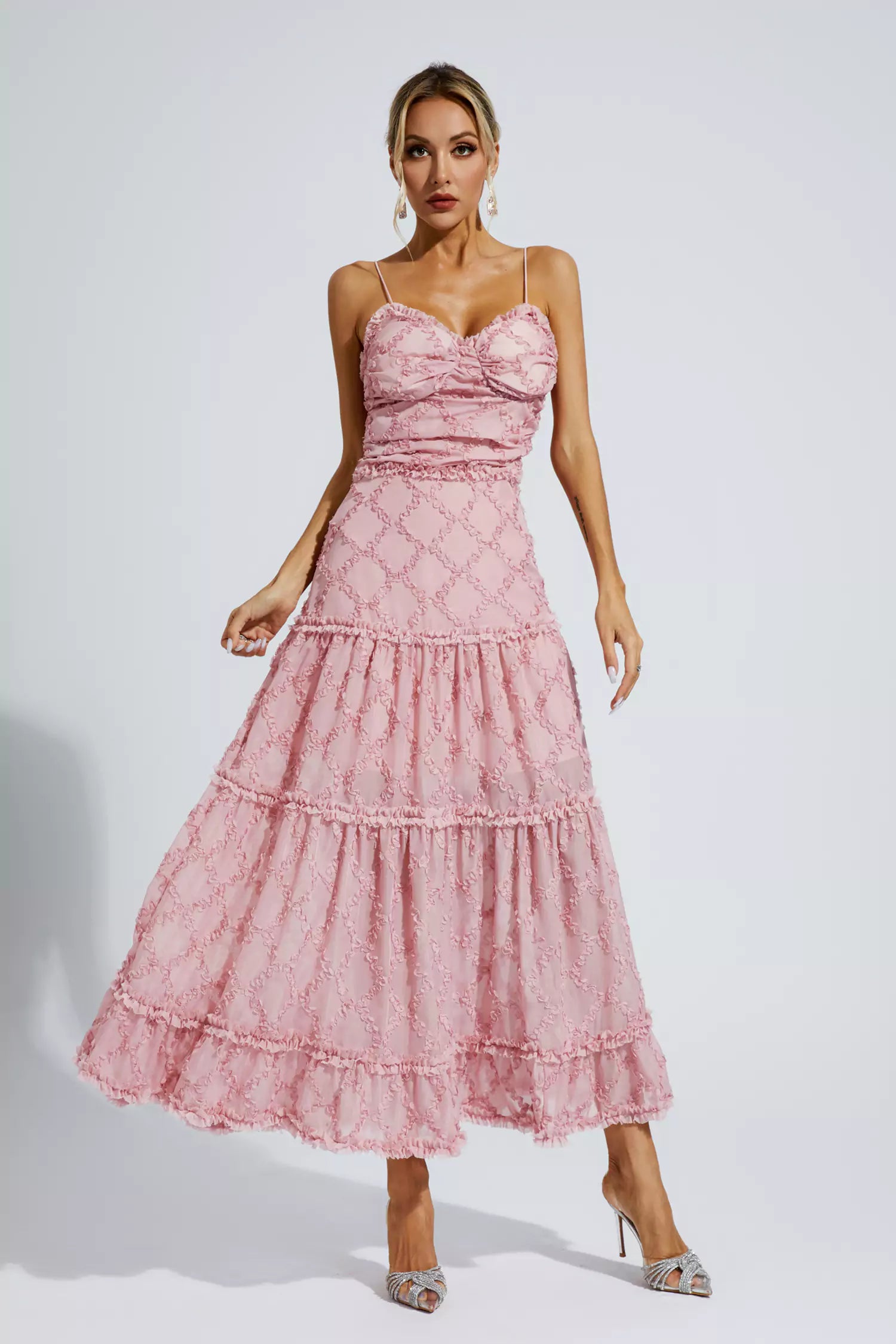 Hewlett Pink Ruched Slip Maxi Dress