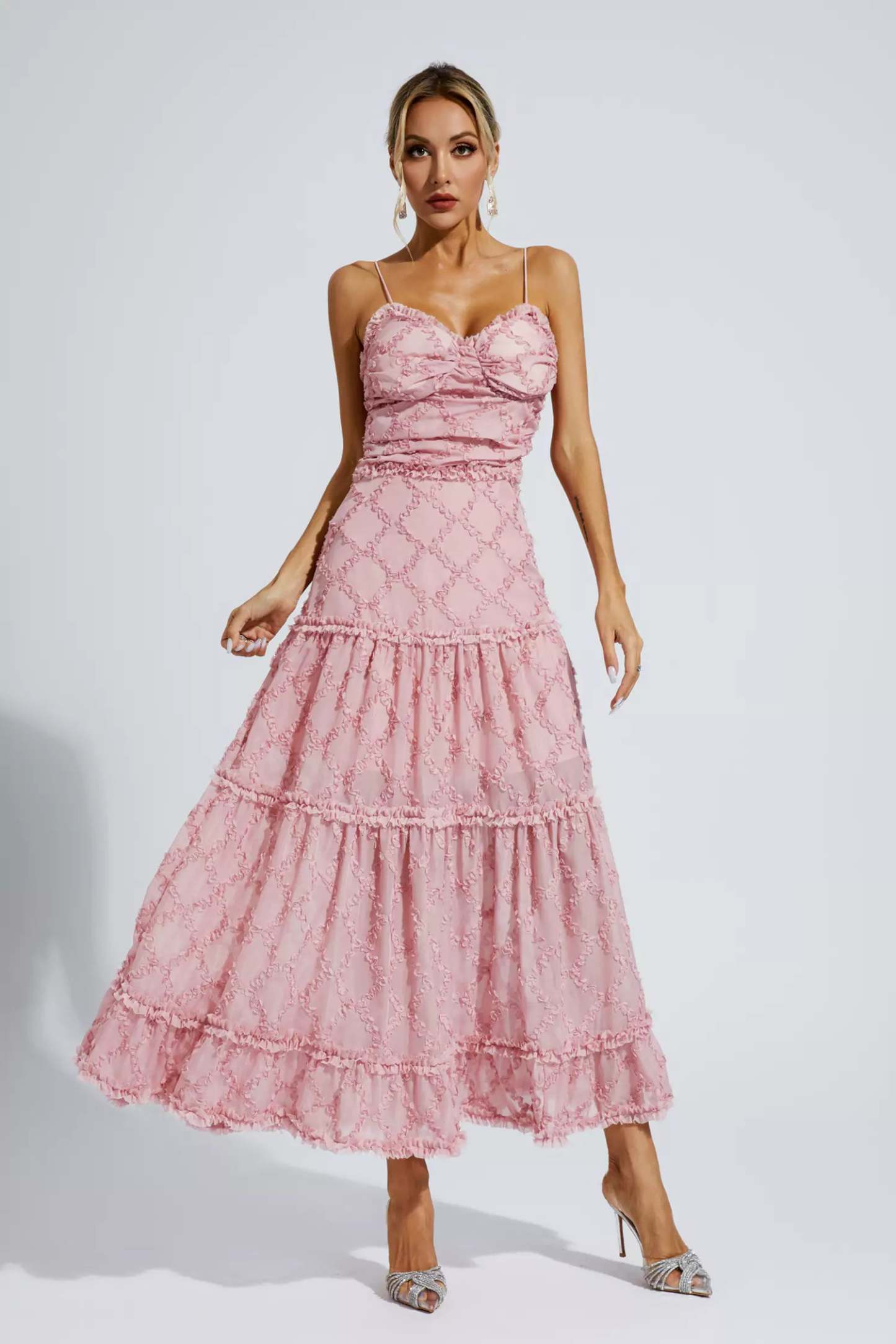 Hewlett Pink Ruched Slip Maxi Dress