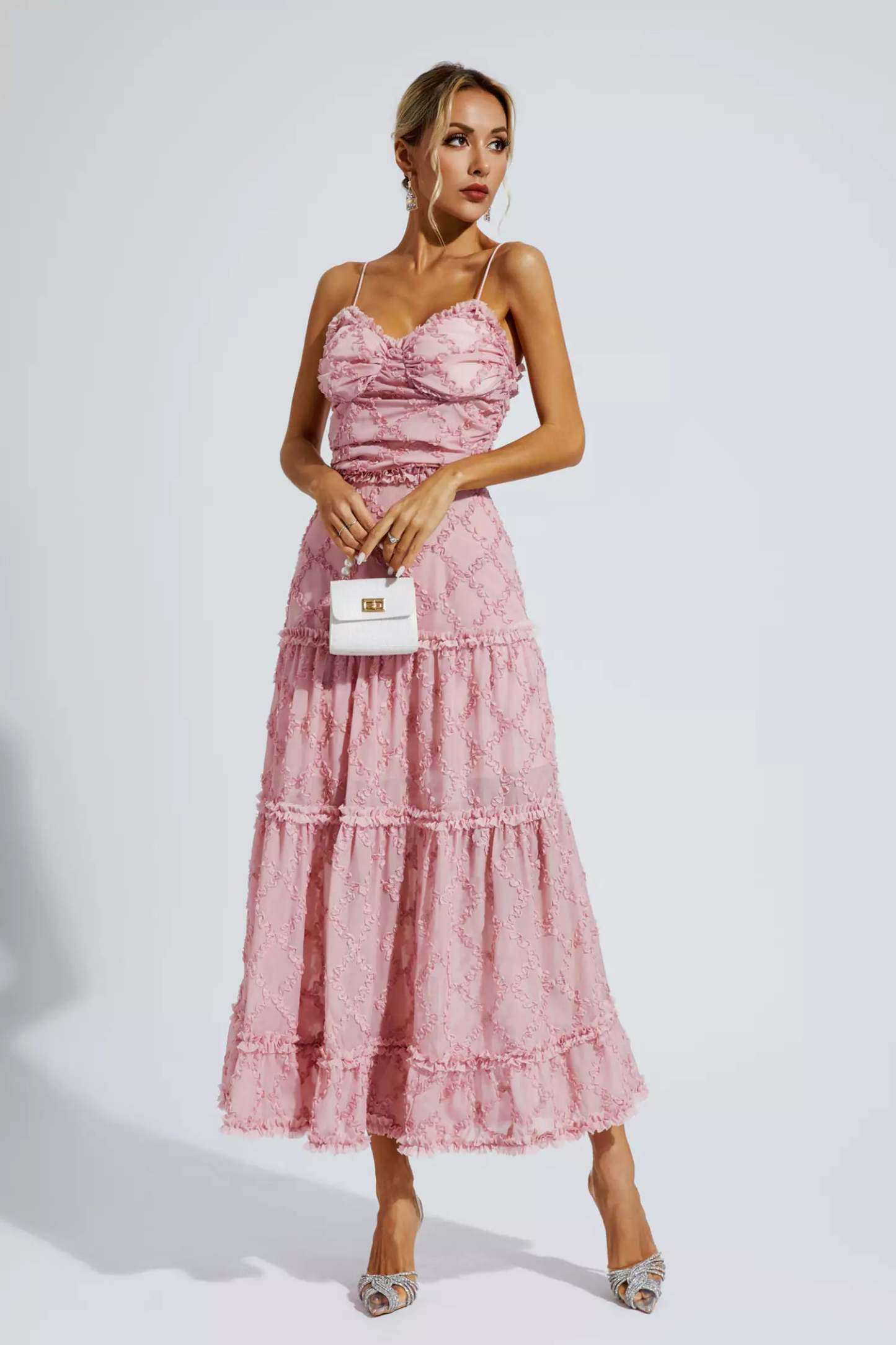 Hewlett Pink Ruched Slip Maxi Dress