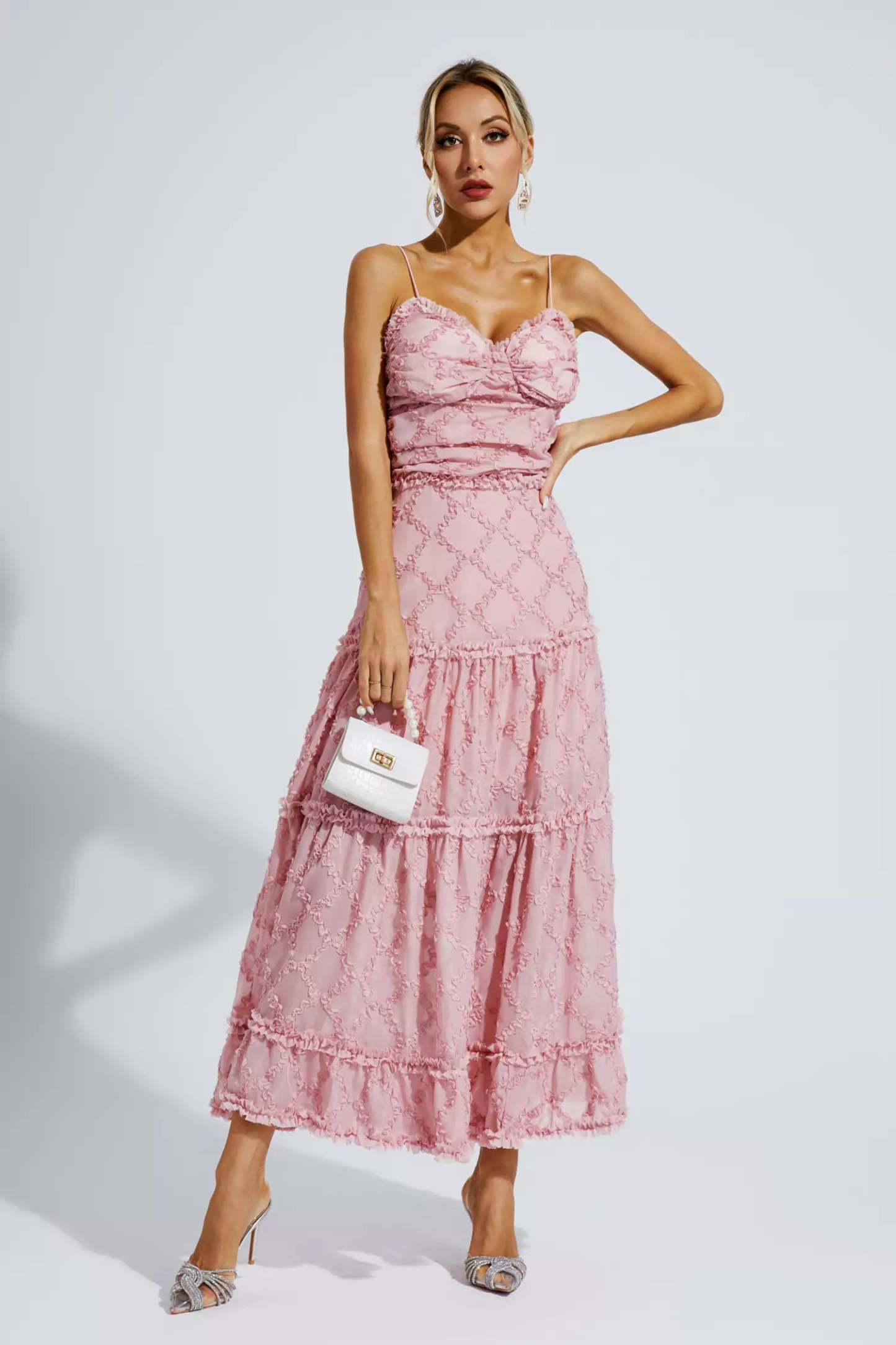 Hewlett Pink Ruched Slip Maxi Dress