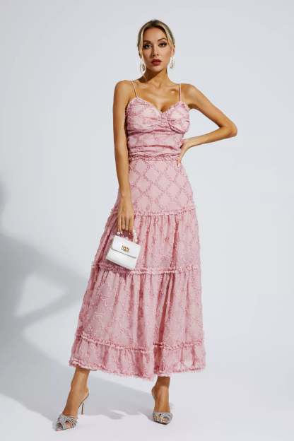 Hewlett Pink Ruched Slip Maxi Dress