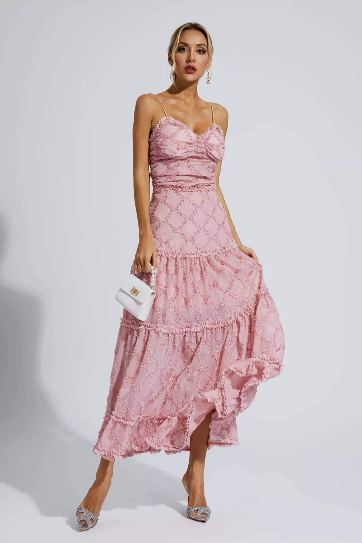 Hewlett Pink Ruched Slip Maxi Dress