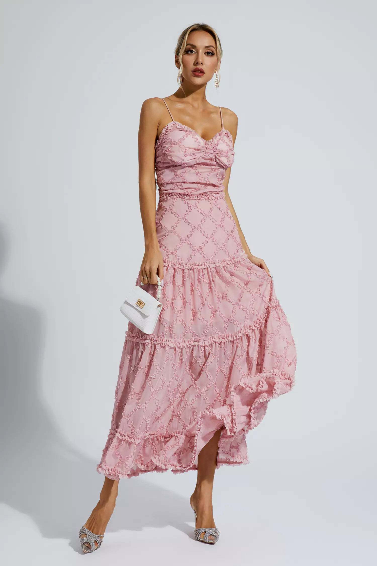 Hewlett Pink Ruched Slip Maxi Dress