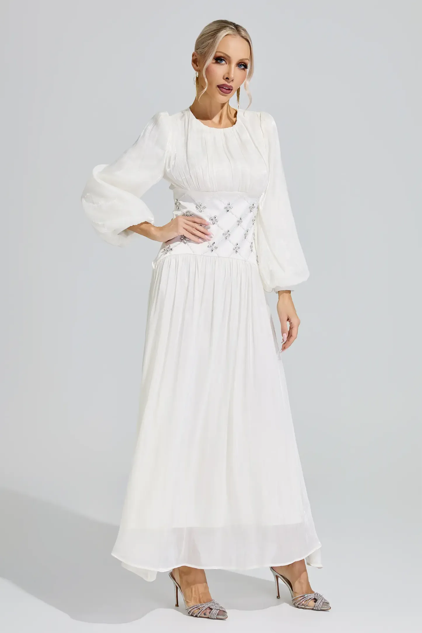 Eris White Ruched Waist Ball Gown