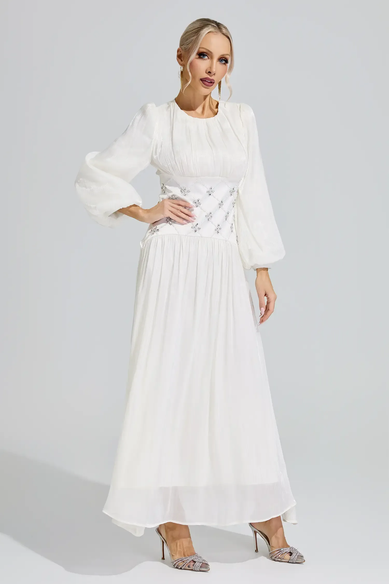 Eris White Ruched Waist Ball Gown