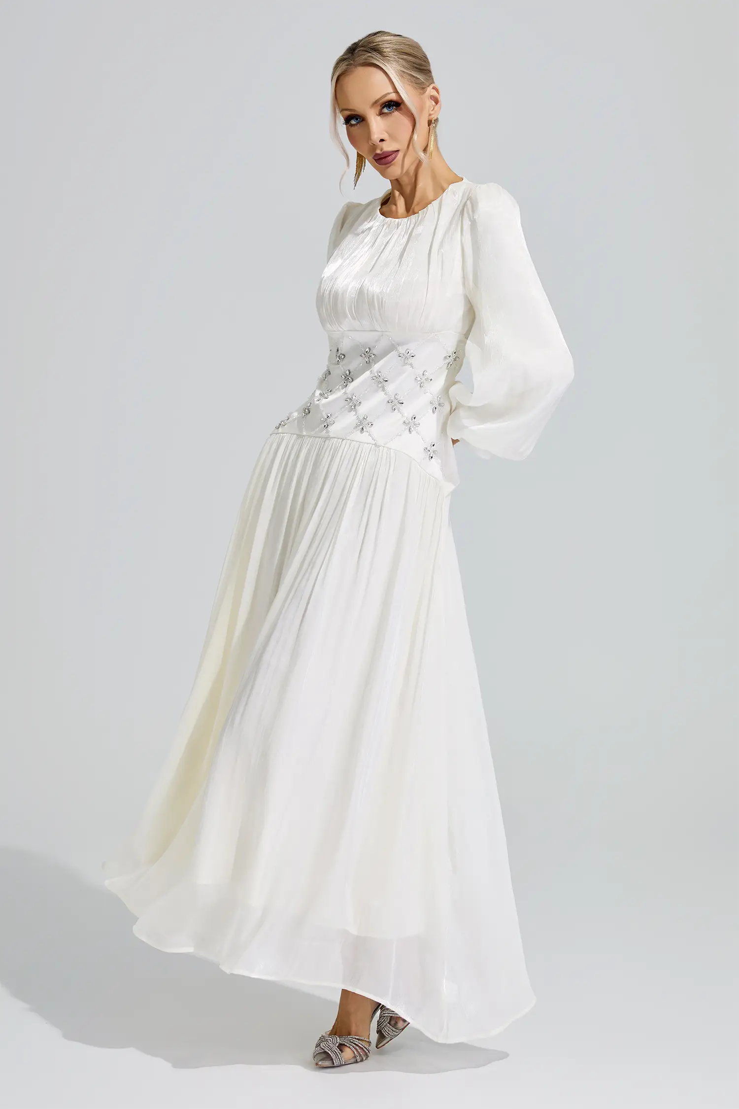 Eris White Ruched Waist Ball Gown