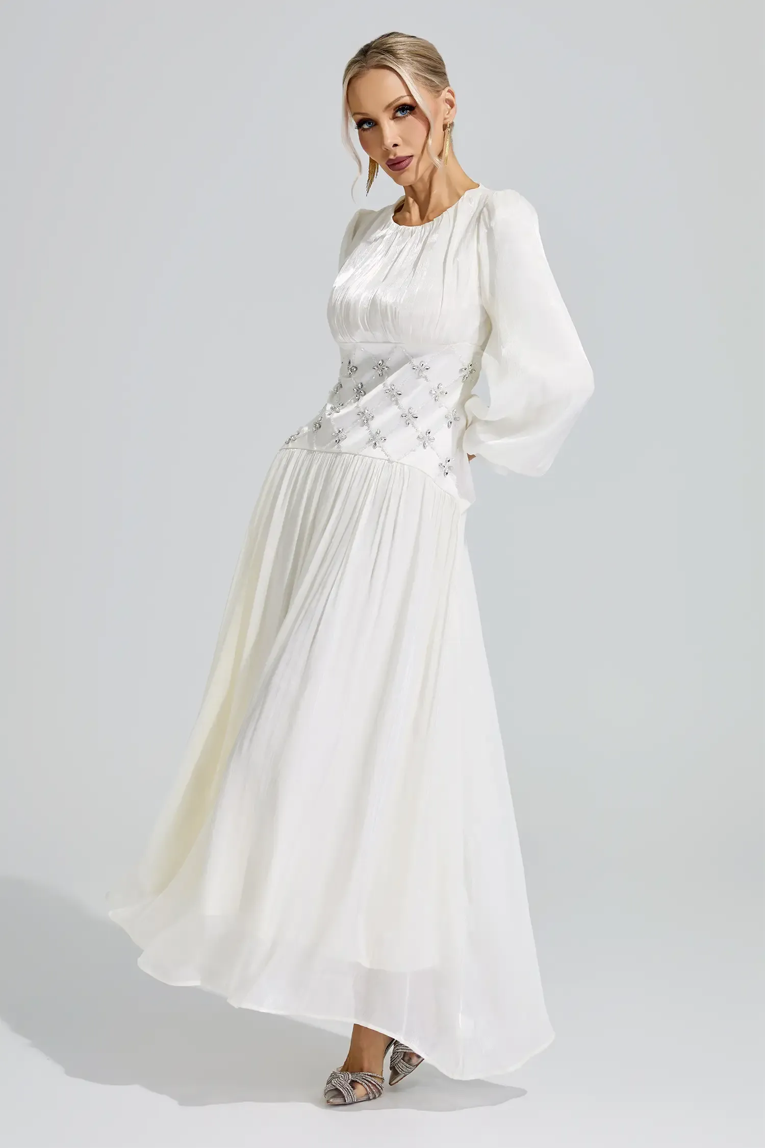 Eris White Ruched Waist Ball Gown
