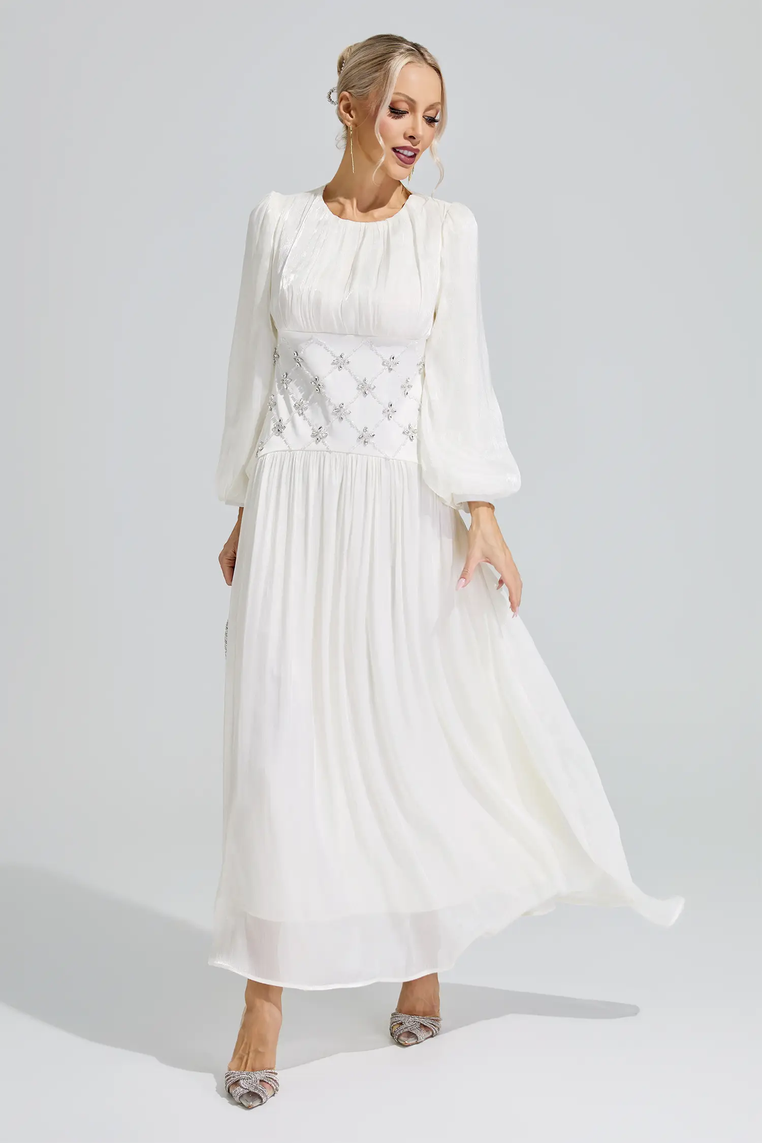 Eris White Ruched Waist Ball Gown