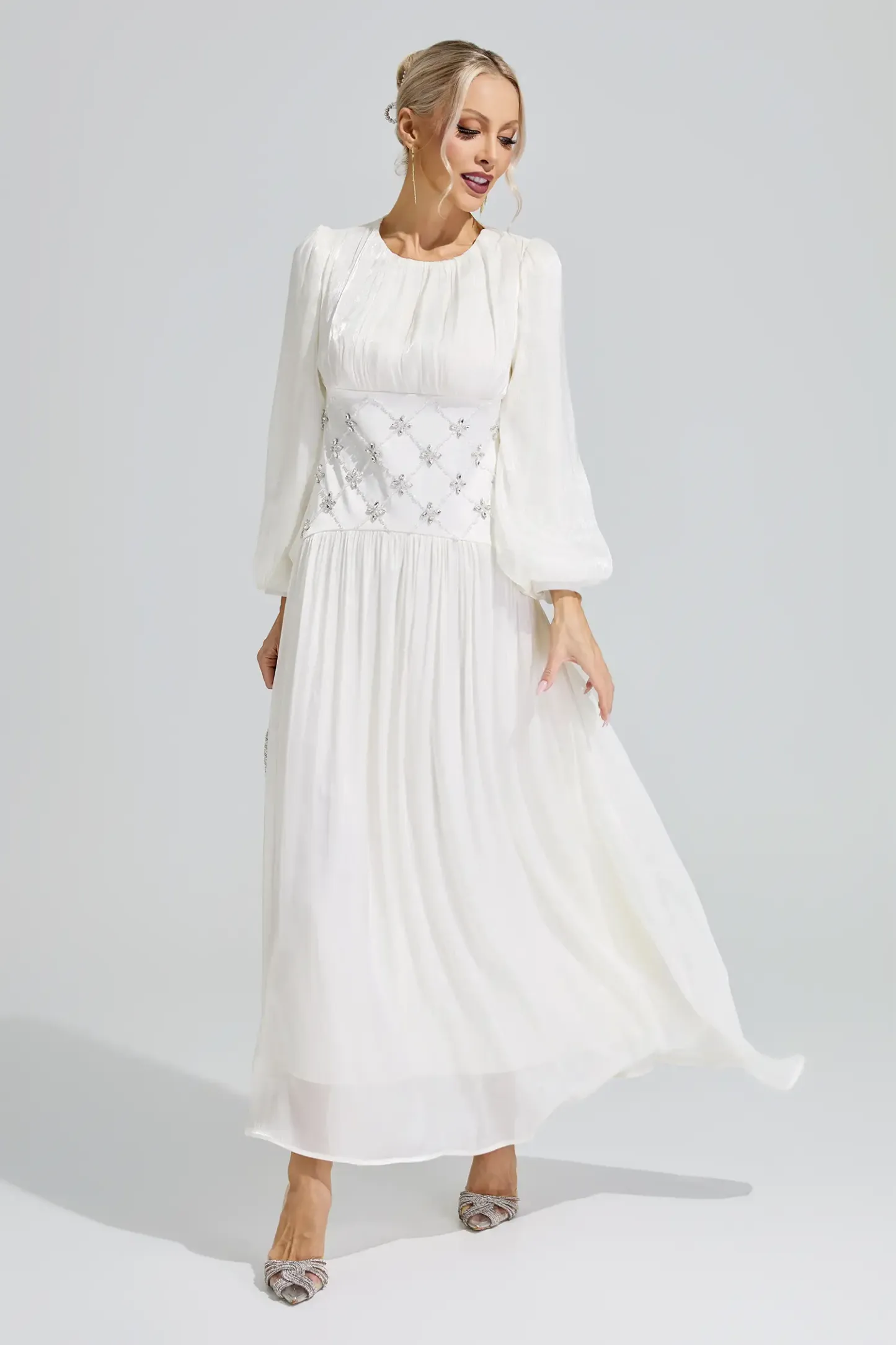 Eris White Ruched Waist Ball Gown