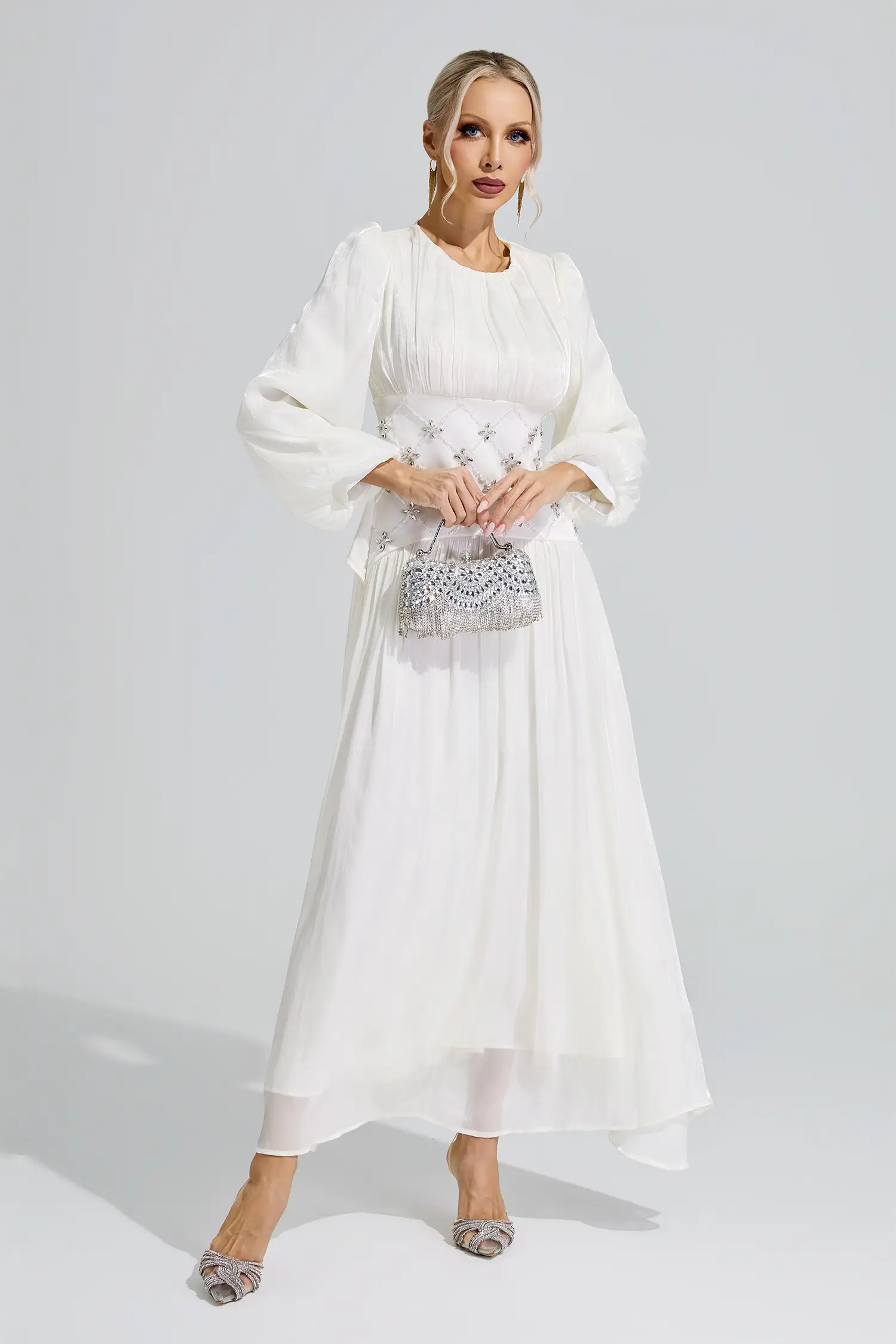 Eris White Ruched Waist Ball Gown