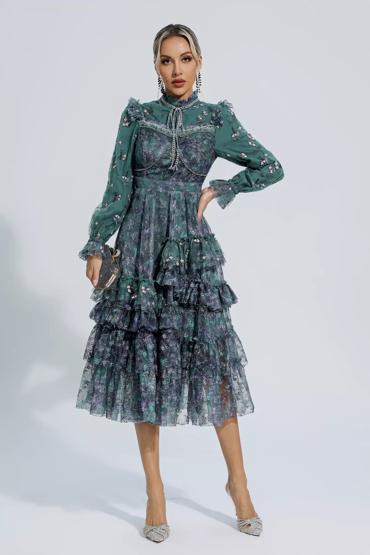 Benson Dark Green Floral Mesh Long Sleeve Dress