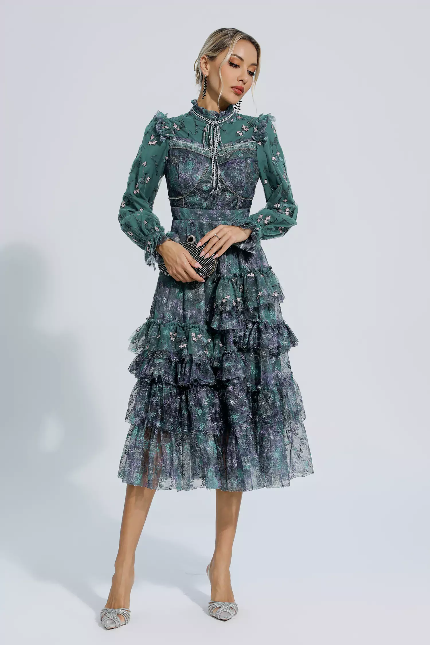 Benson Dark Green Floral Mesh Long Sleeve Dress