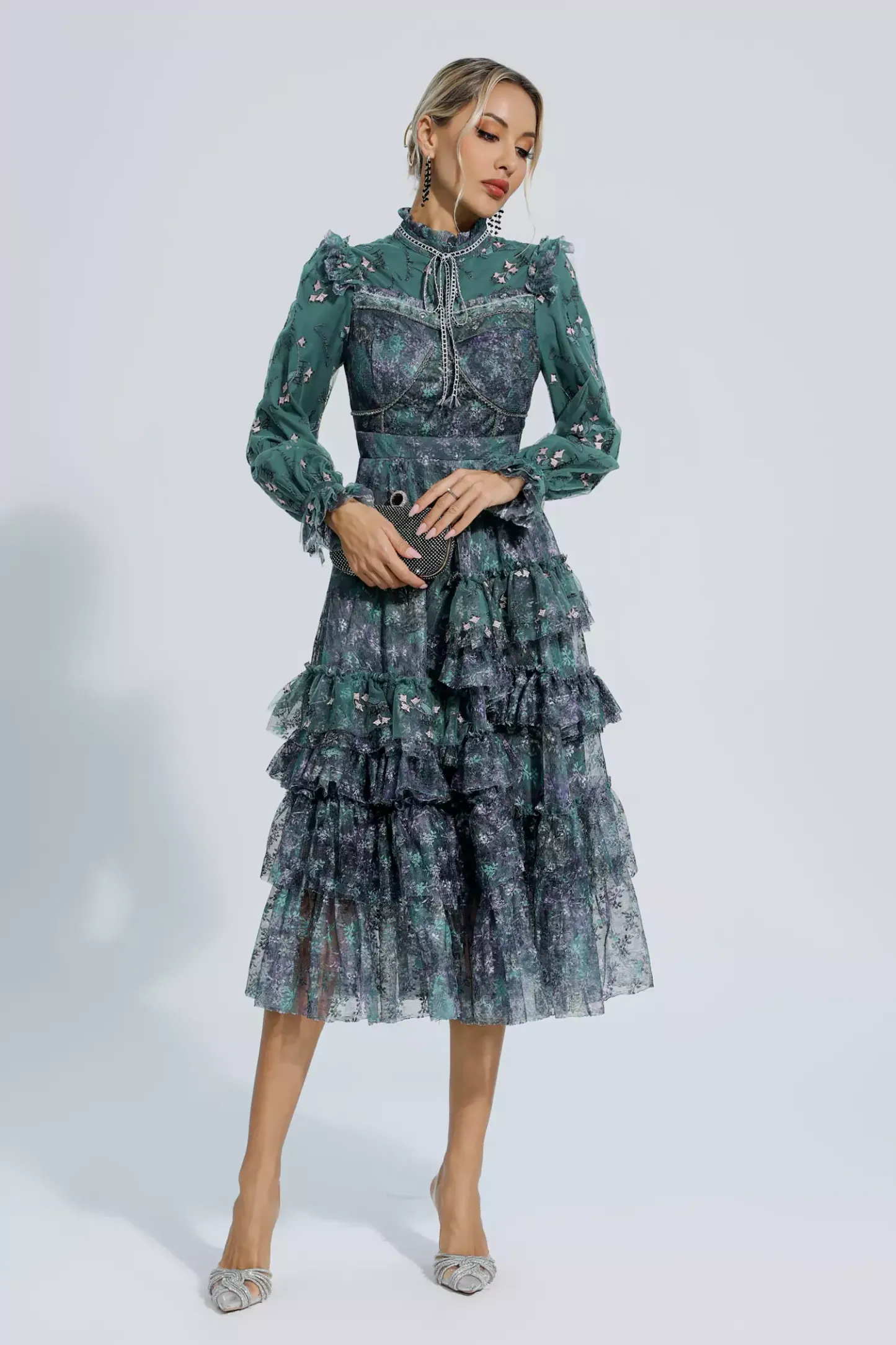 Benson Dark Green Floral Mesh Long Sleeve Dress