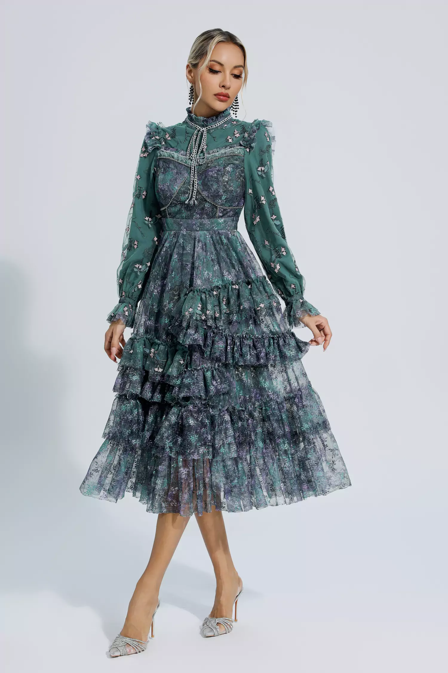Benson Dark Green Floral Mesh Long Sleeve Dress