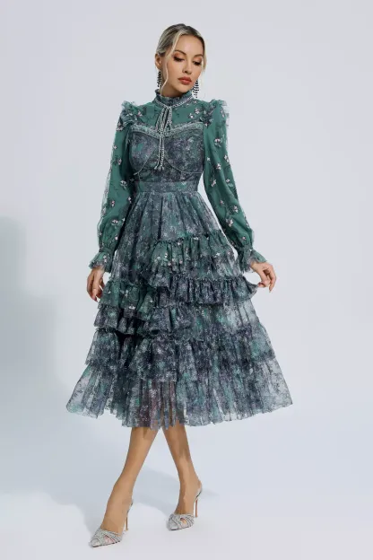 Benson Dark Green Floral Mesh Long Sleeve Dress