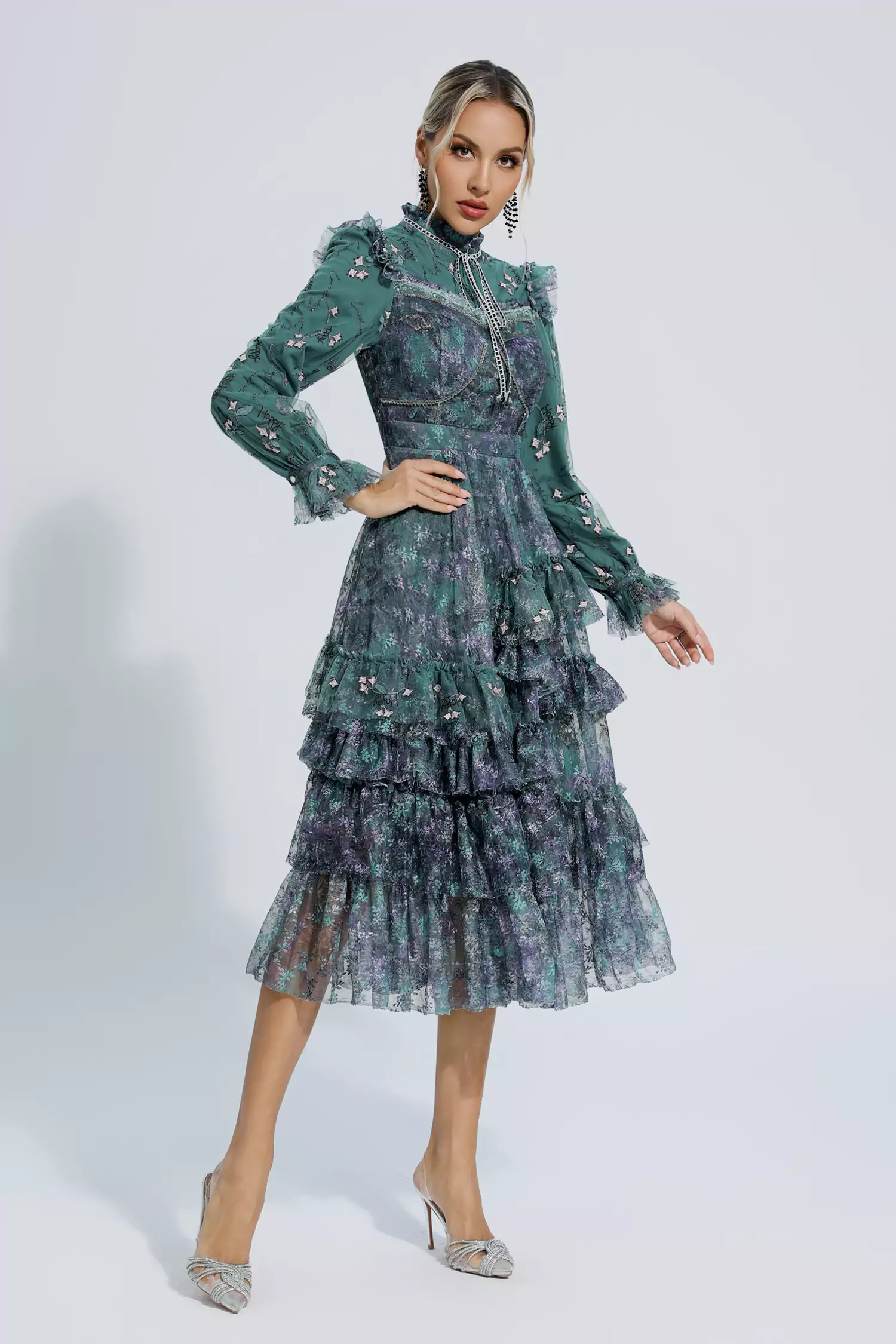 Benson Dark Green Floral Mesh Long Sleeve Dress