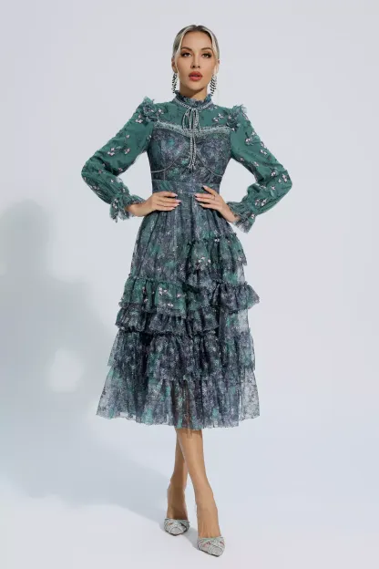 Benson Dark Green Floral Mesh Long Sleeve Dress