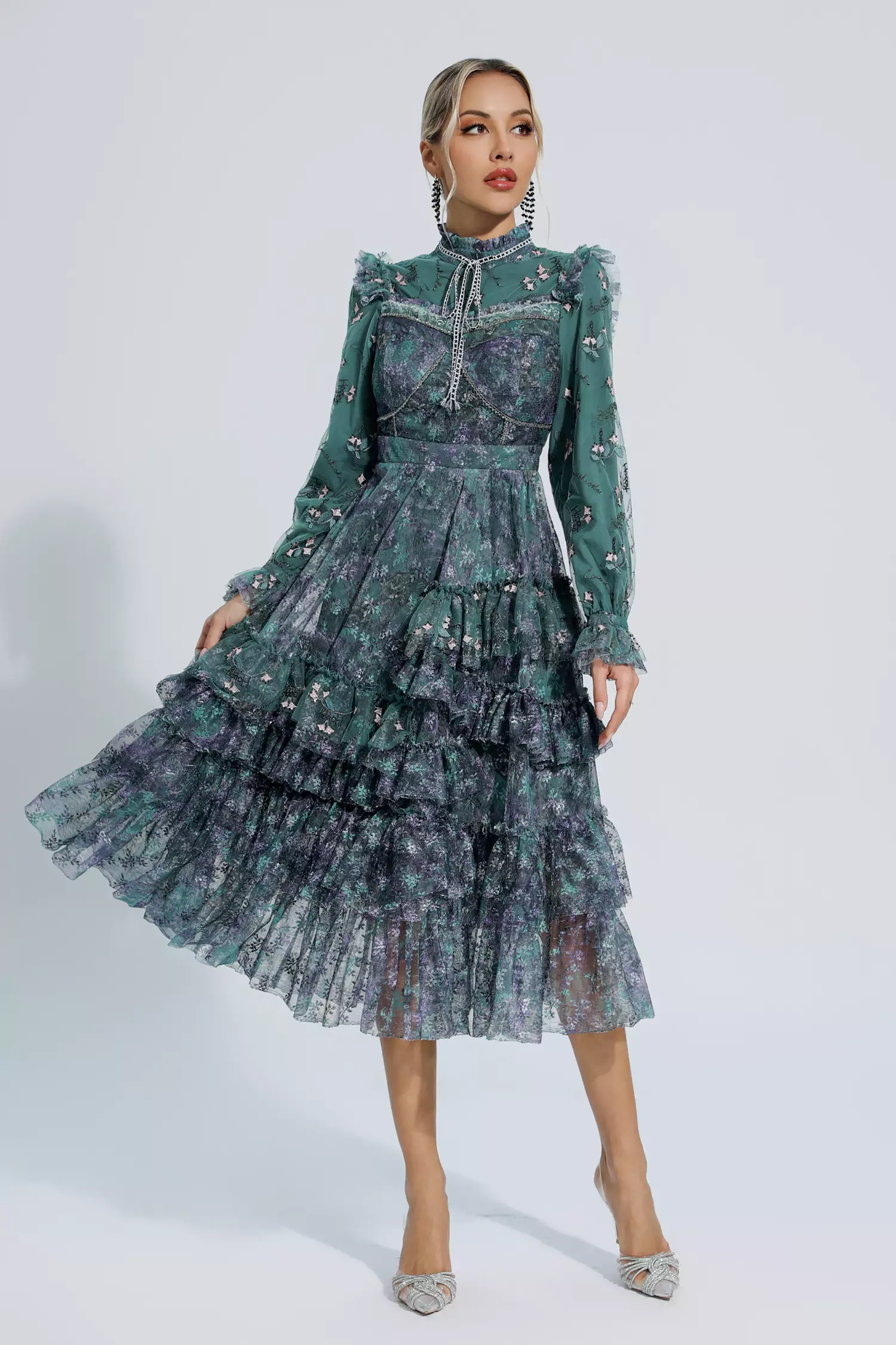 Benson Dark Green Floral Mesh Long Sleeve Dress