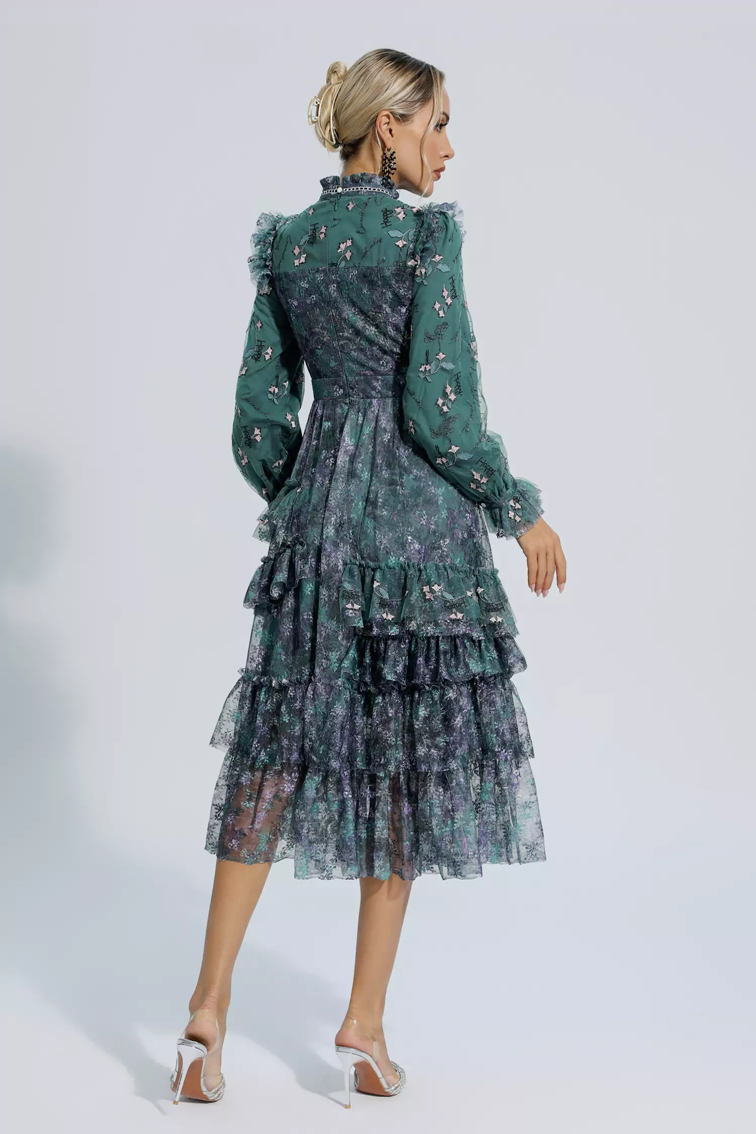 Benson Dark Green Floral Mesh Long Sleeve Dress