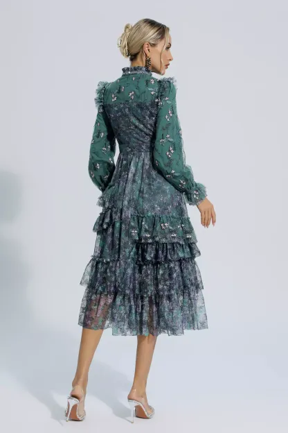 Benson Dark Green Floral Mesh Long Sleeve Dress