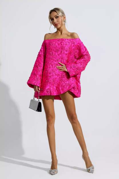 Harold Pink Off Shoulder Jacquard Floral Mini Dress