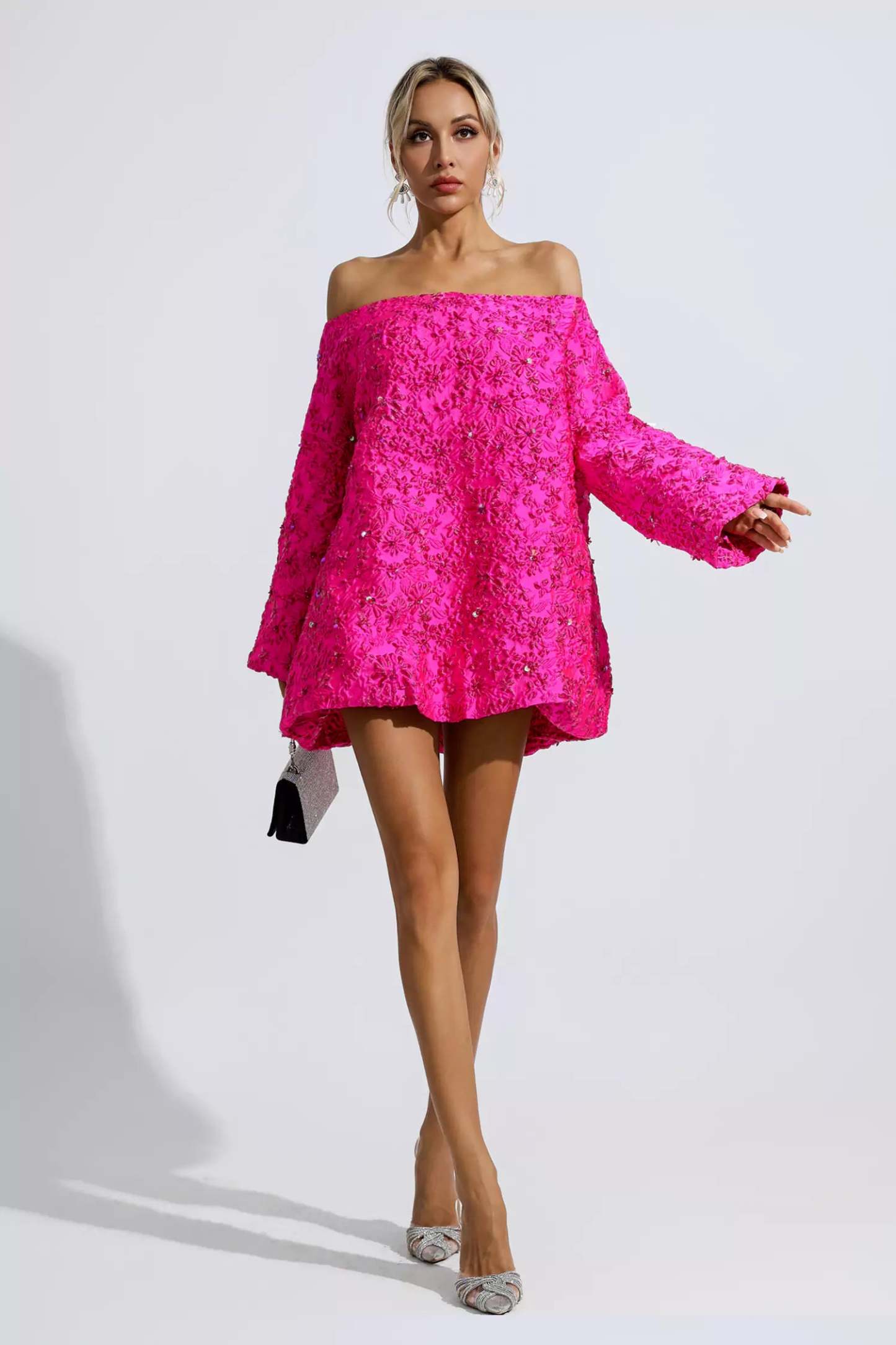 Harold Pink Off Shoulder Jacquard Floral Mini Dress