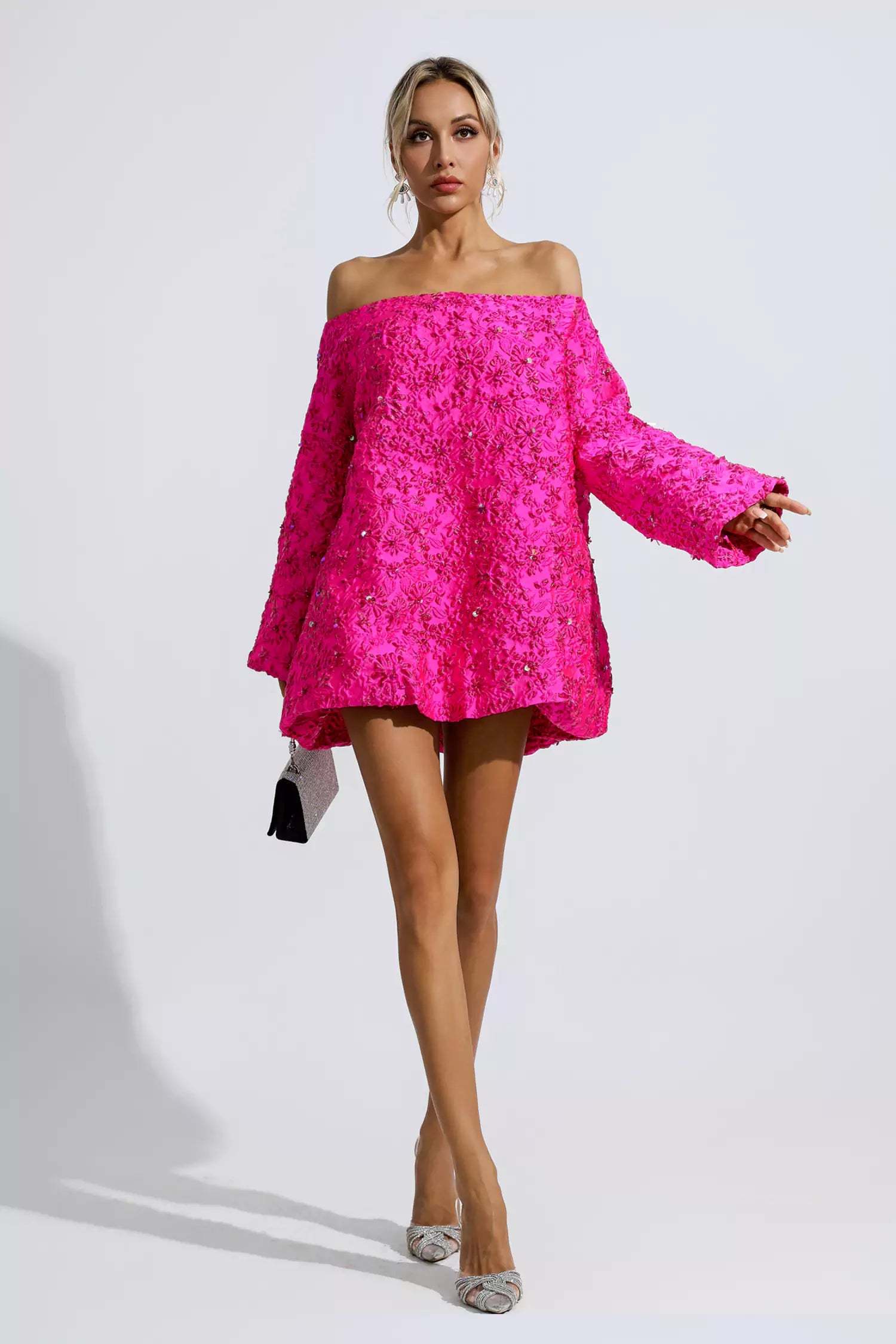 Harold Pink Off Shoulder Jacquard Floral Mini Dress