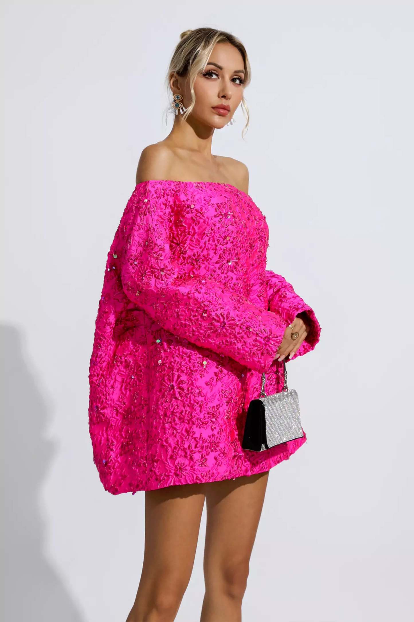 Harold Pink Off Shoulder Jacquard Floral Mini Dress