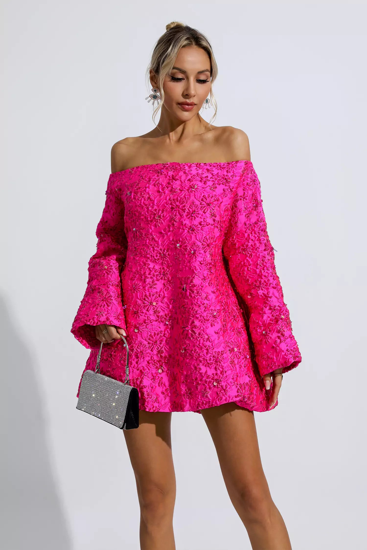 Harold Pink Off Shoulder Jacquard Floral Mini Dress