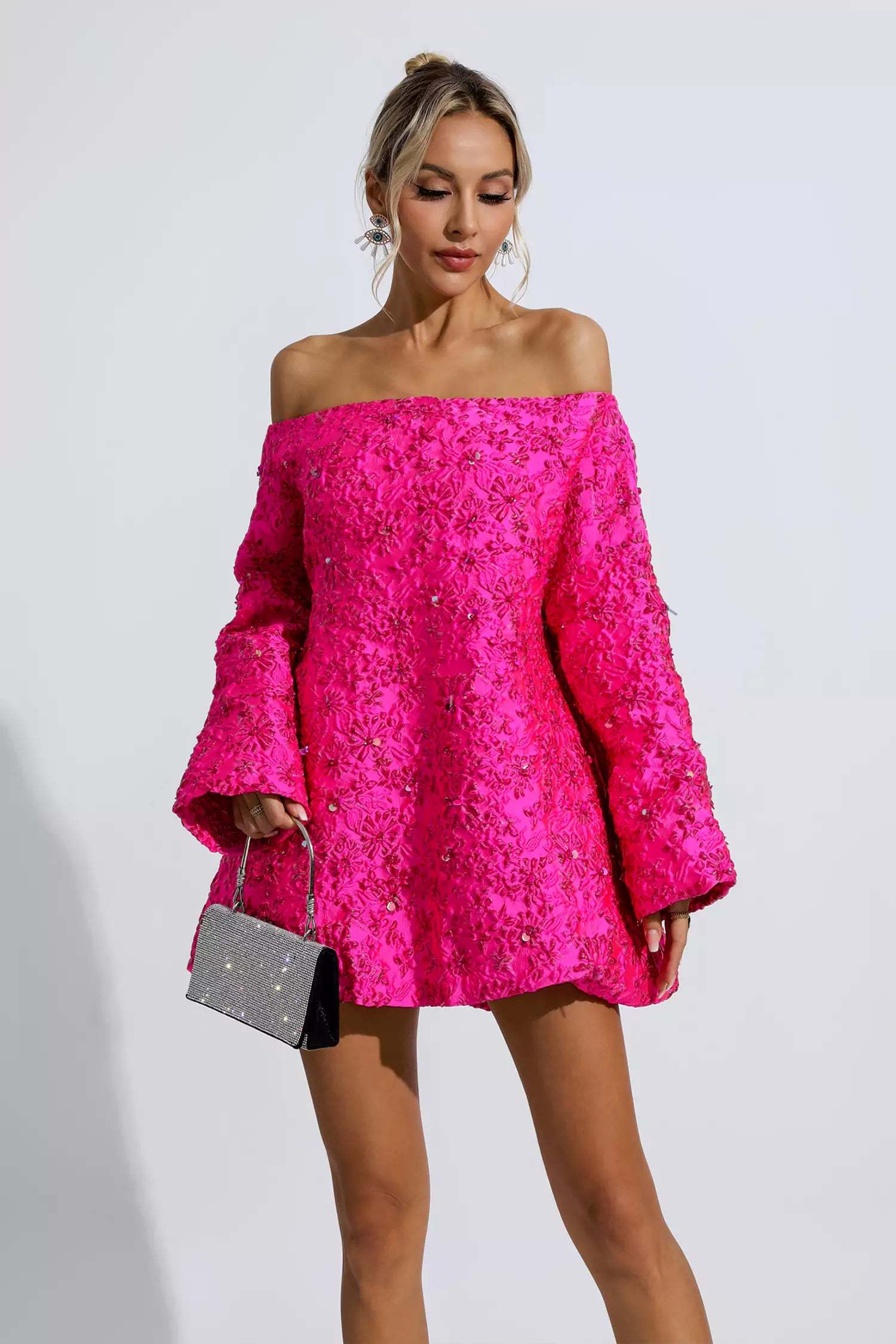 Harold Pink Off Shoulder Jacquard Floral Mini Dress