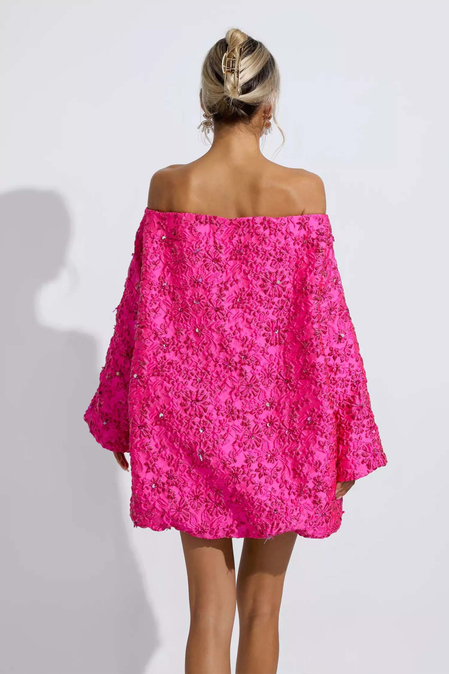 Harold Pink Off Shoulder Jacquard Floral Mini Dress