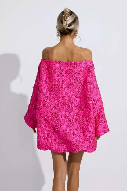 Harold Pink Off Shoulder Jacquard Floral Mini Dress