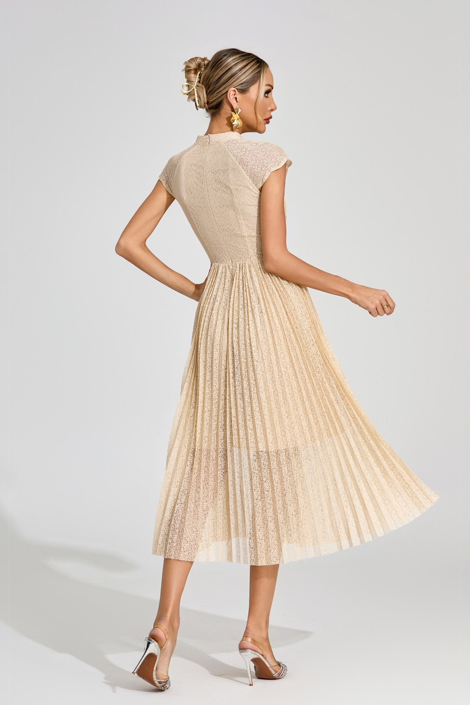 Mona Apricot Lace Embroidered Midi Dress