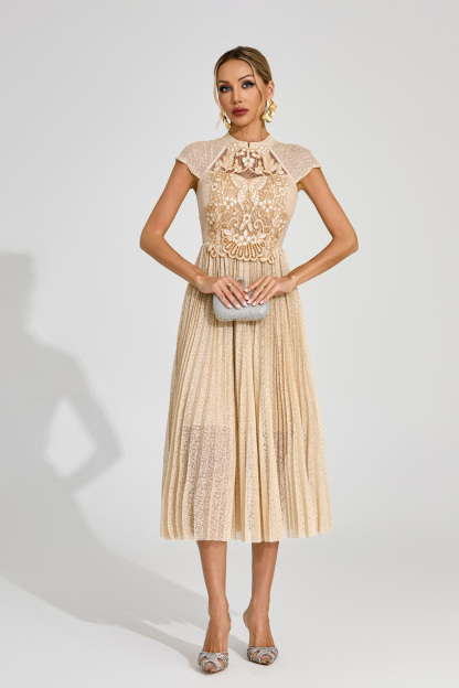 Mona Apricot Lace Embroidered Midi Dress