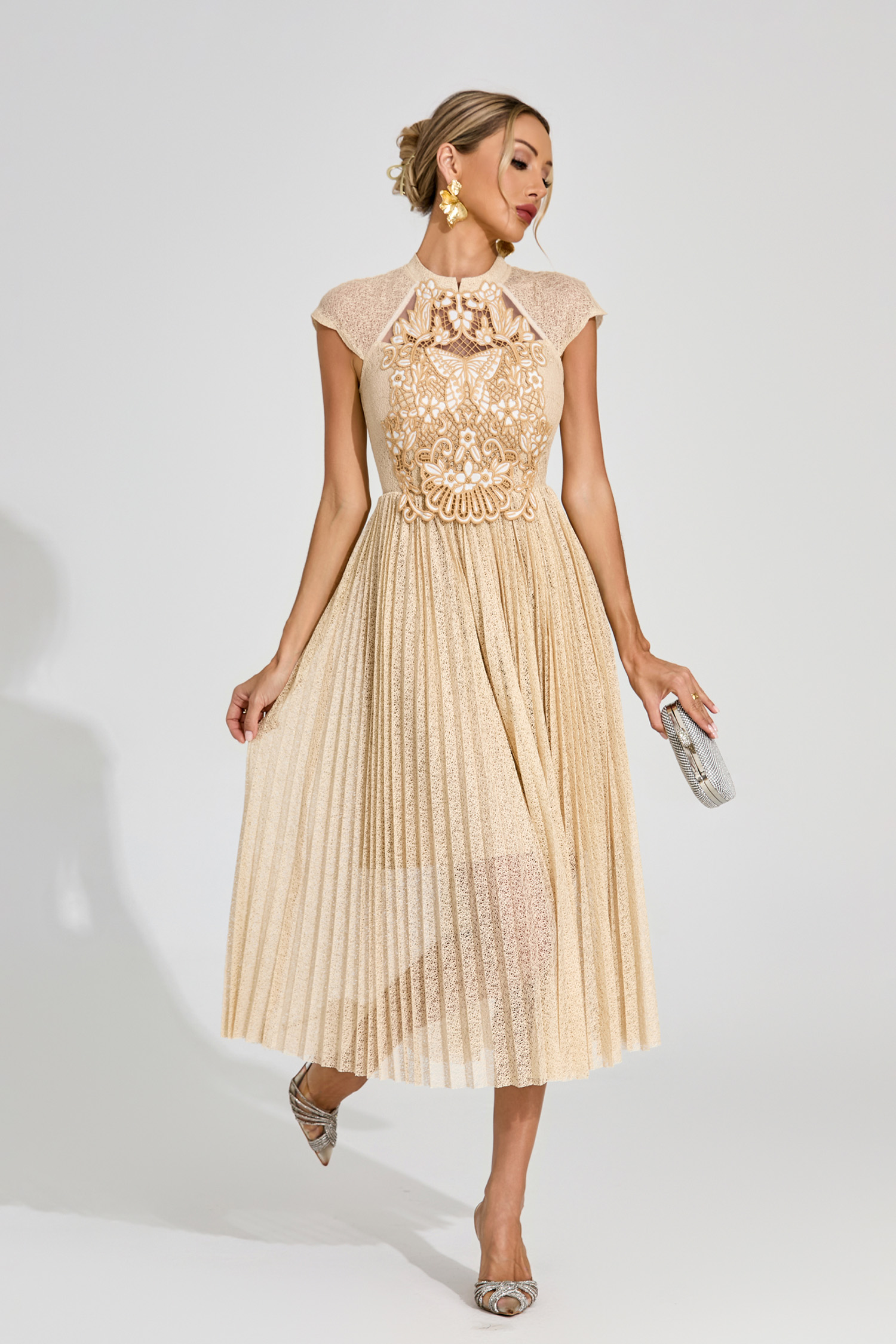 Mona Apricot Lace Embroidered Midi Dress