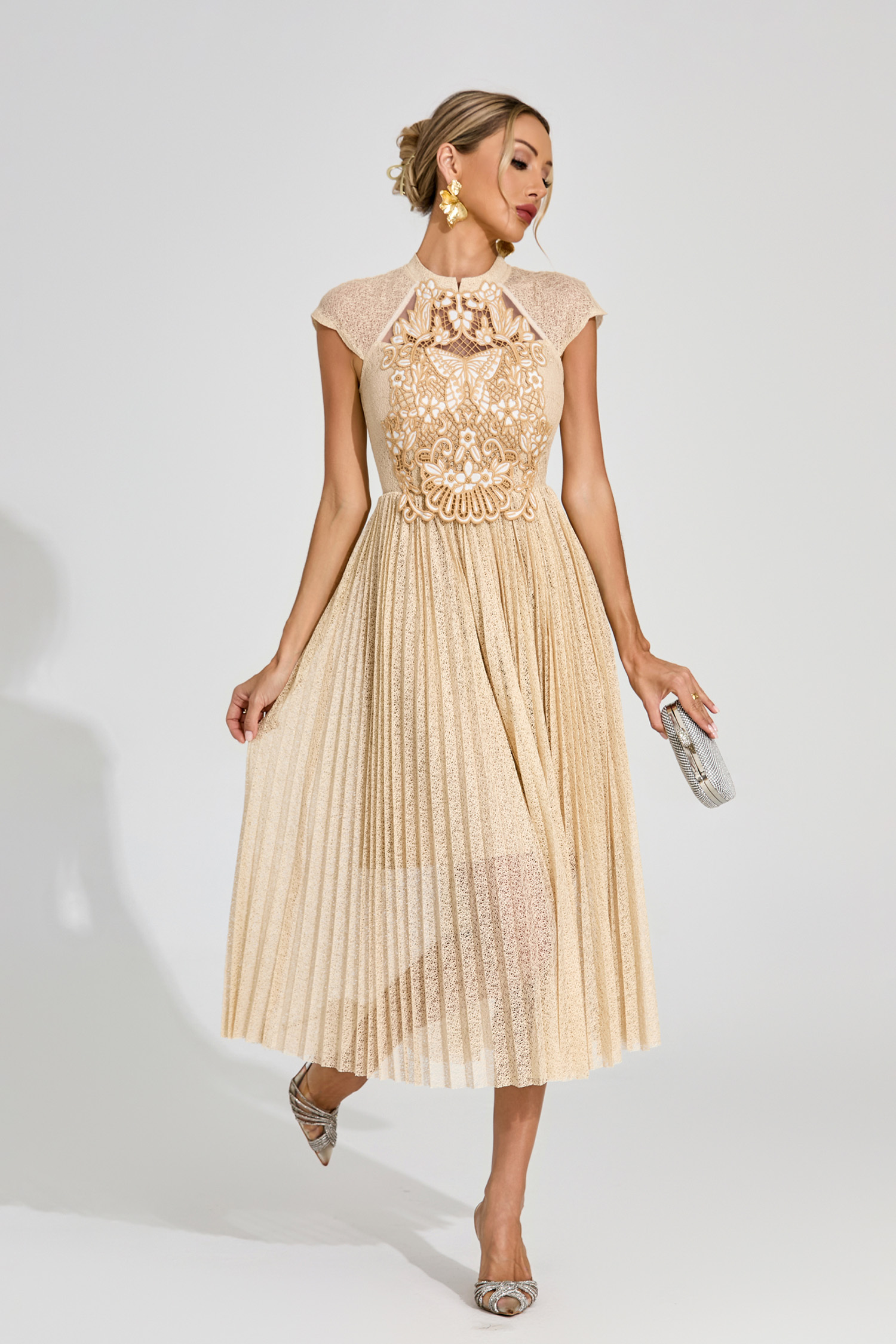 Mona Apricot Lace Embroidered Midi Dress