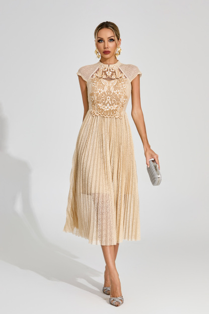 Mona Apricot Lace Embroidered Midi Dress