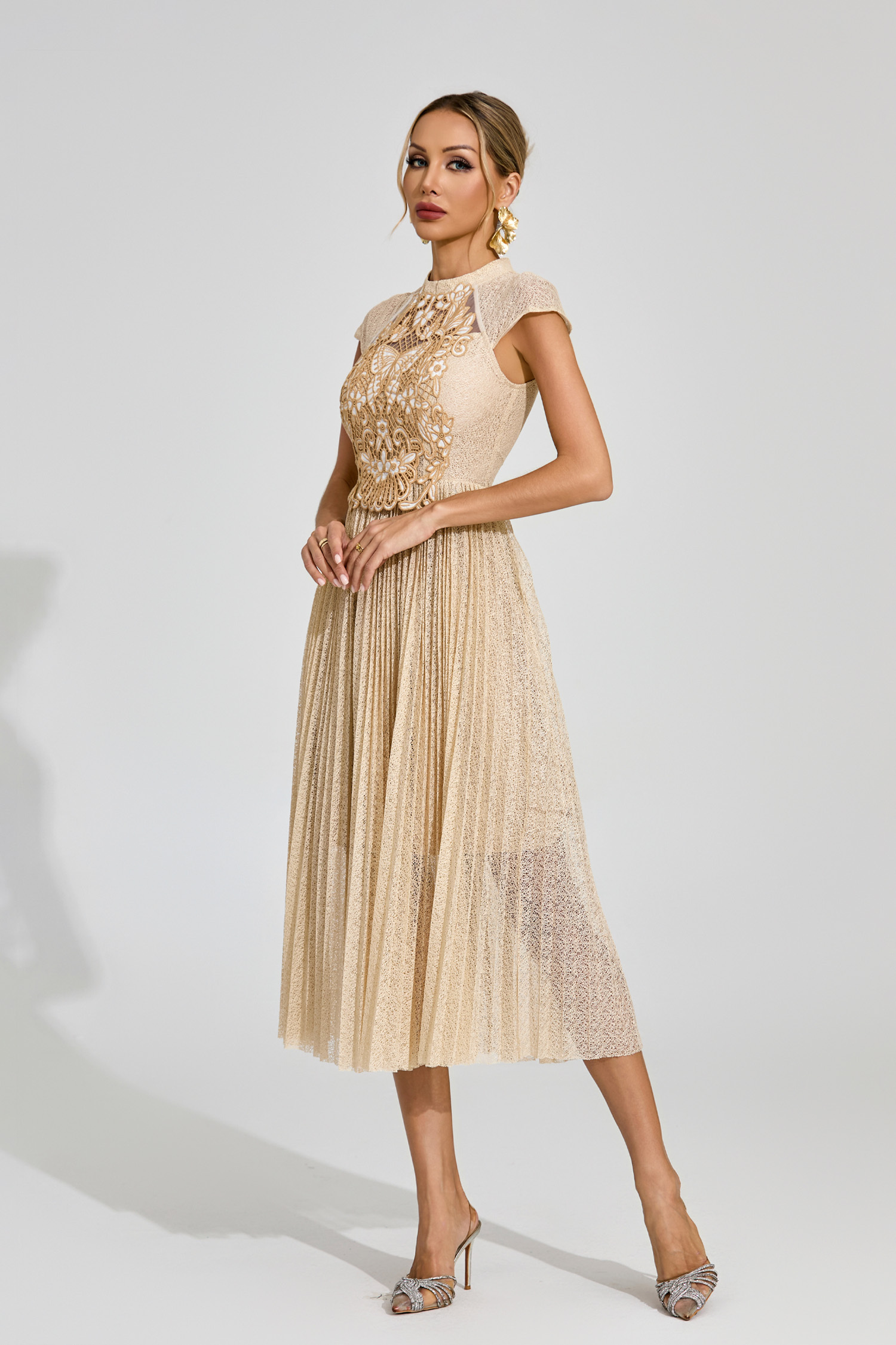 Mona Apricot Lace Embroidered Midi Dress