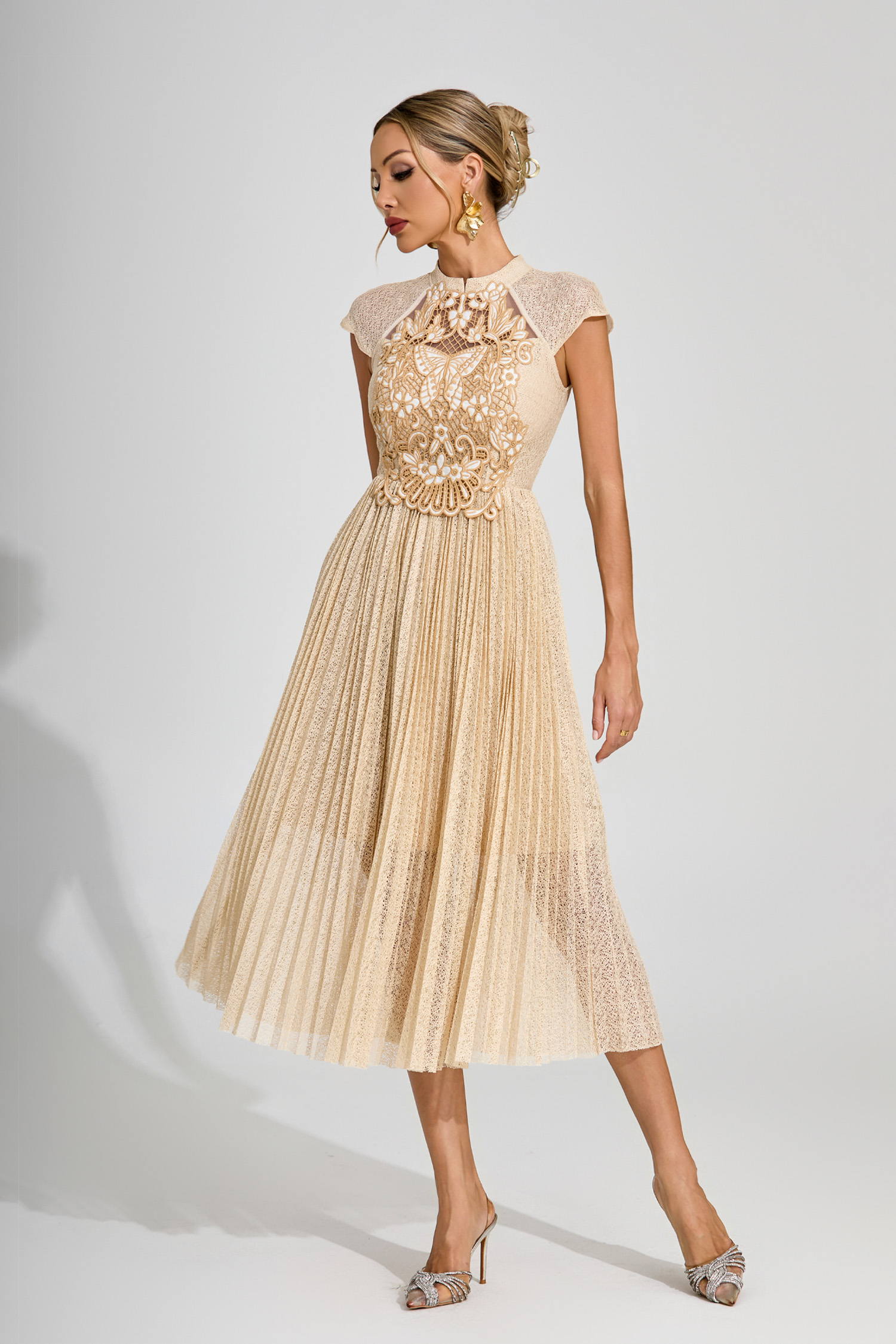 Mona Apricot Lace Embroidered Midi Dress