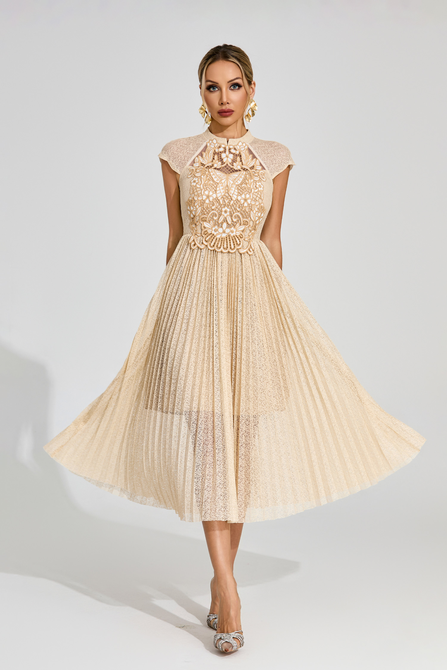 Mona Apricot Lace Embroidered Midi Dress