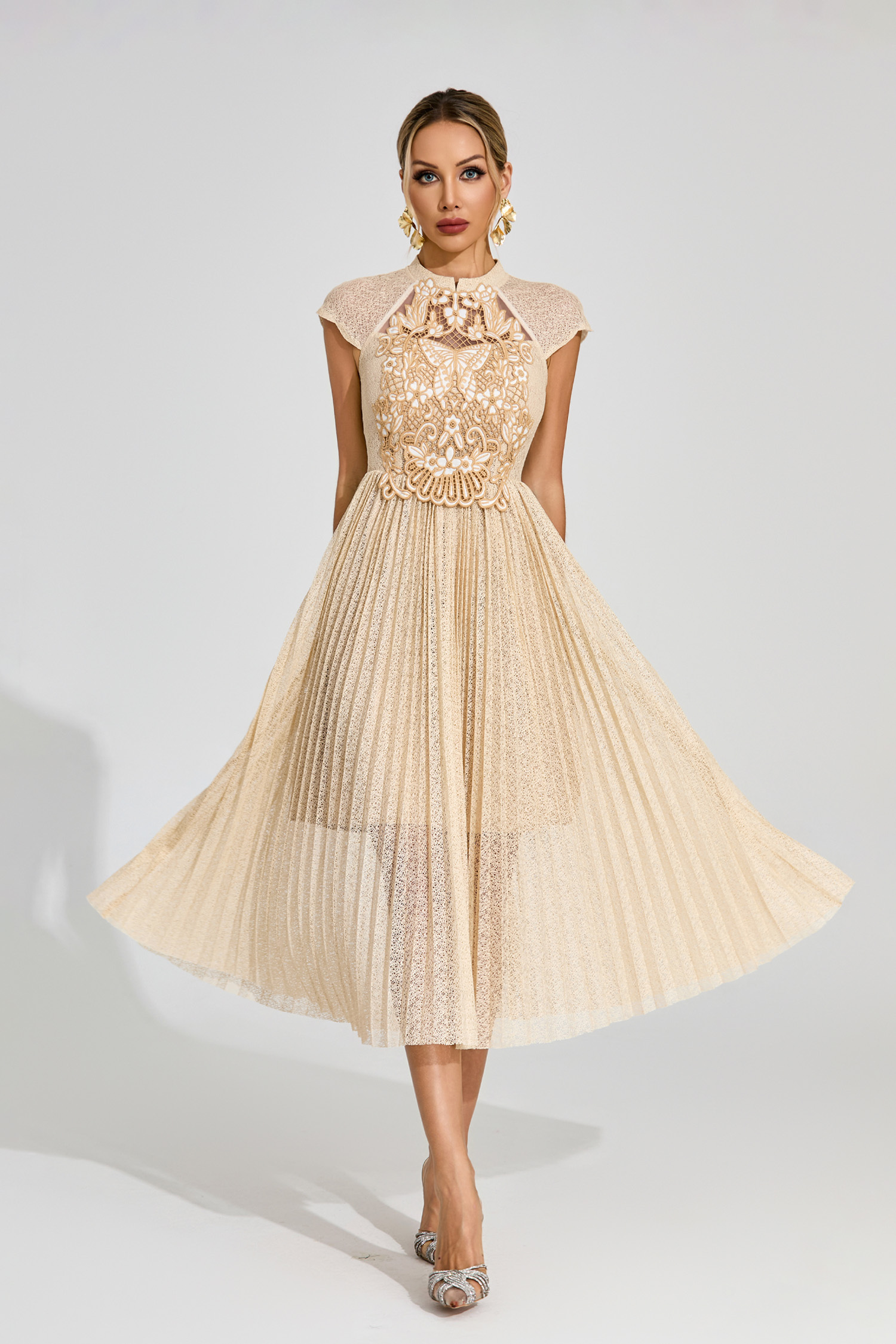 Mona Apricot Lace Embroidered Midi Dress