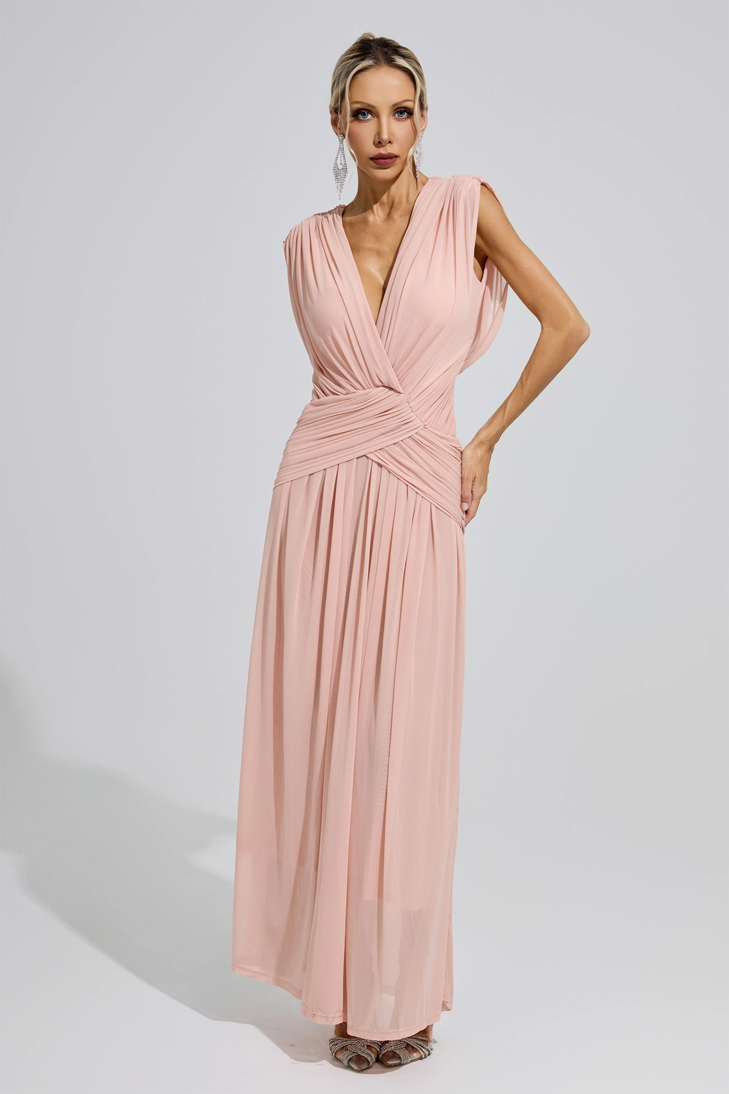 Joliot Pink Sleeveless Ruched Maxi Dress