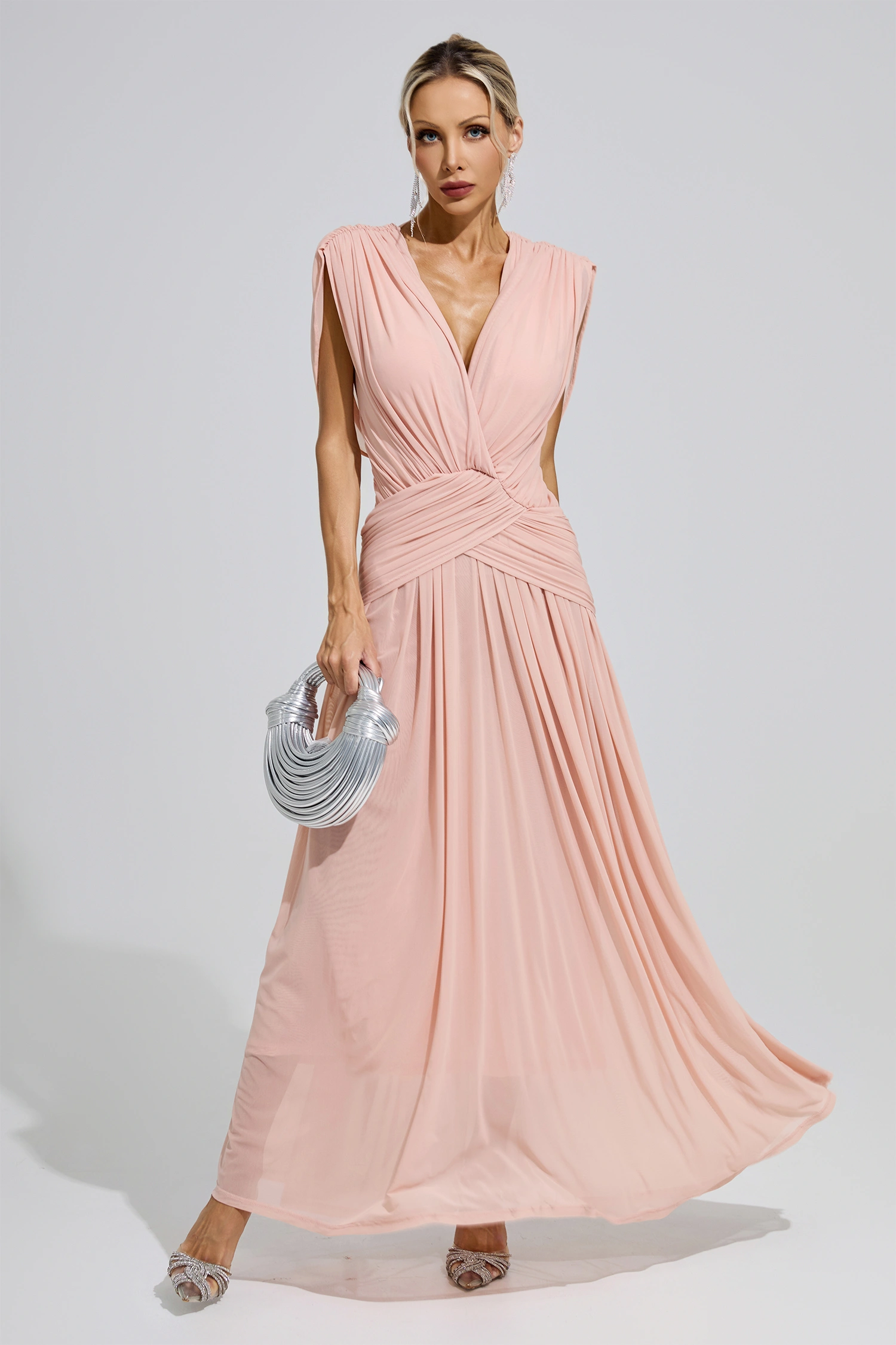 Joliot Pink Sleeveless Ruched Maxi Dress